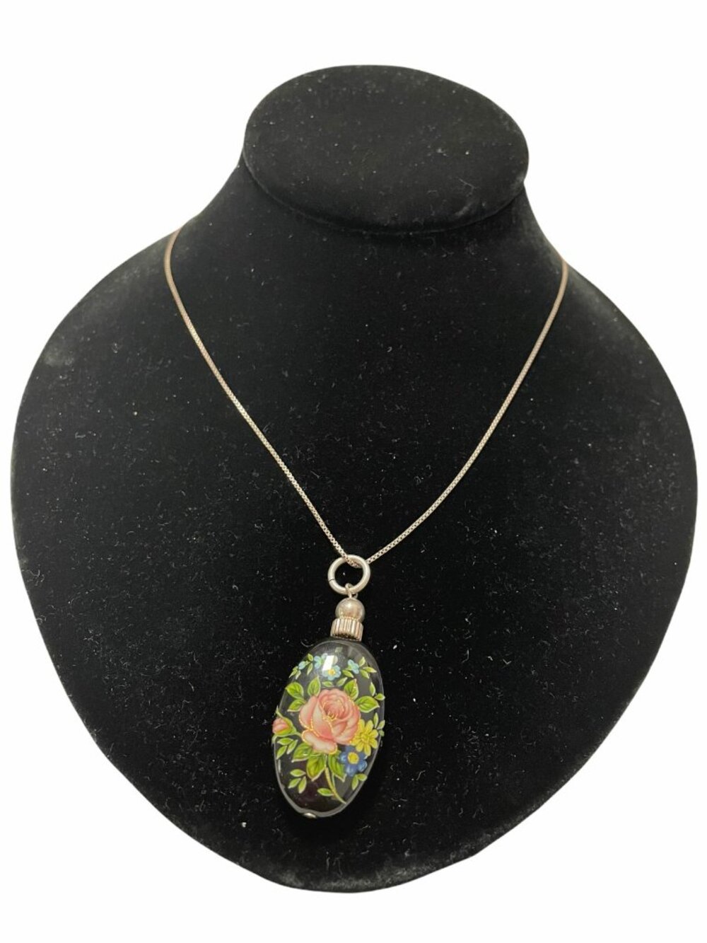 Vintage Guilloche Rose Pendant Sterling Silver Necklace